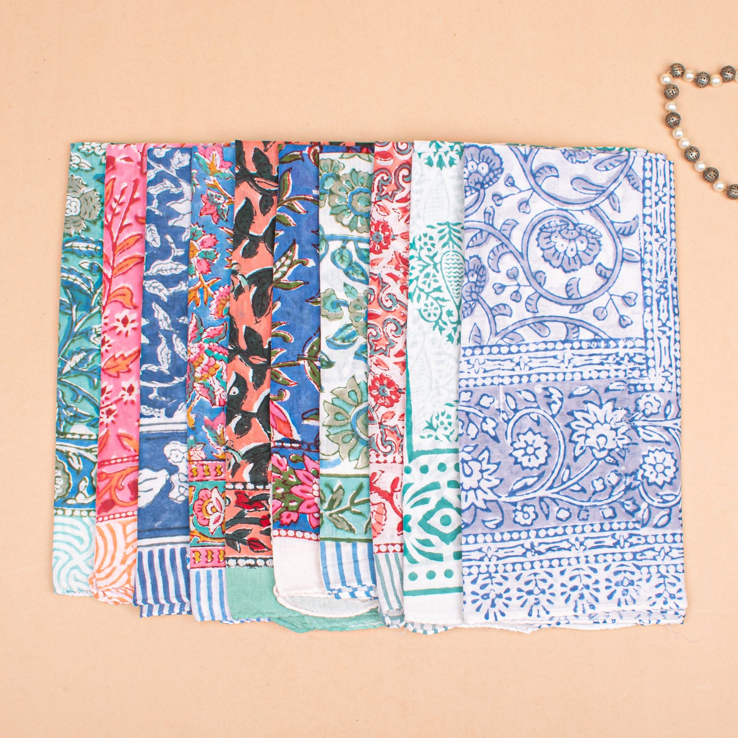 Set of 75 - Hand Block Printed Floral Cotton Bandana, Lightweight Accessory For Pet & Bikers, Bohemian Hair Or Neck Wrap, Sustainable Artisan Gift Accessory