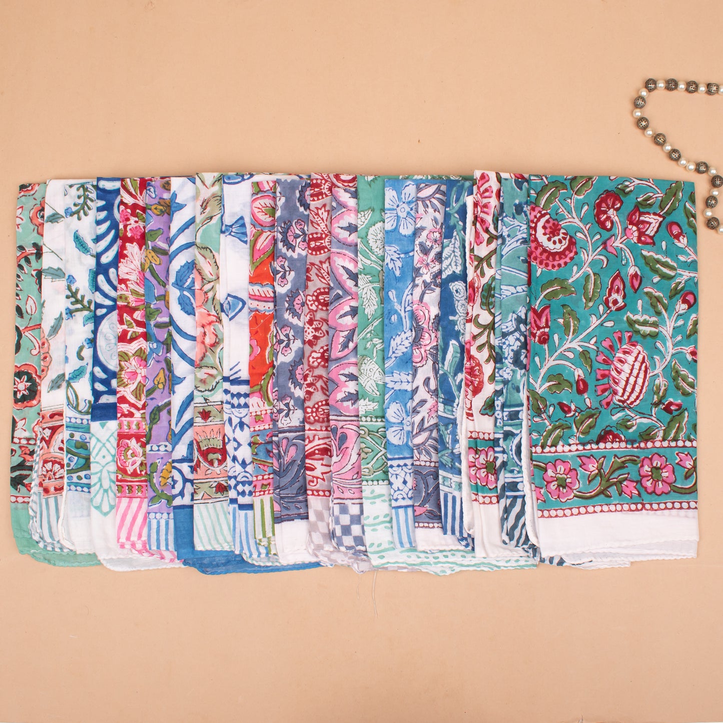 Set of 75 - Hand Block Printed Floral Cotton Bandana, Lightweight Accessory For Pet & Bikers, Bohemian Hair Or Neck Wrap, Sustainable Artisan Gift Accessory