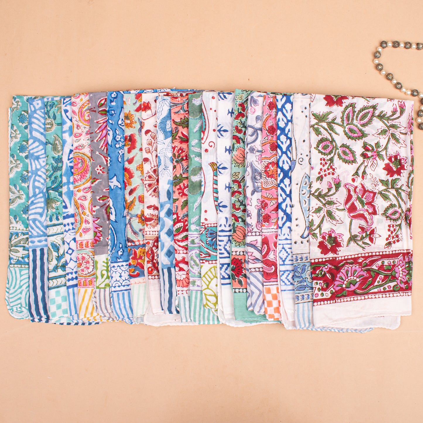 Set of 75 - Hand Block Printed Floral Cotton Bandana, Lightweight Accessory For Pet & Bikers, Bohemian Hair Or Neck Wrap, Sustainable Artisan Gift Accessory