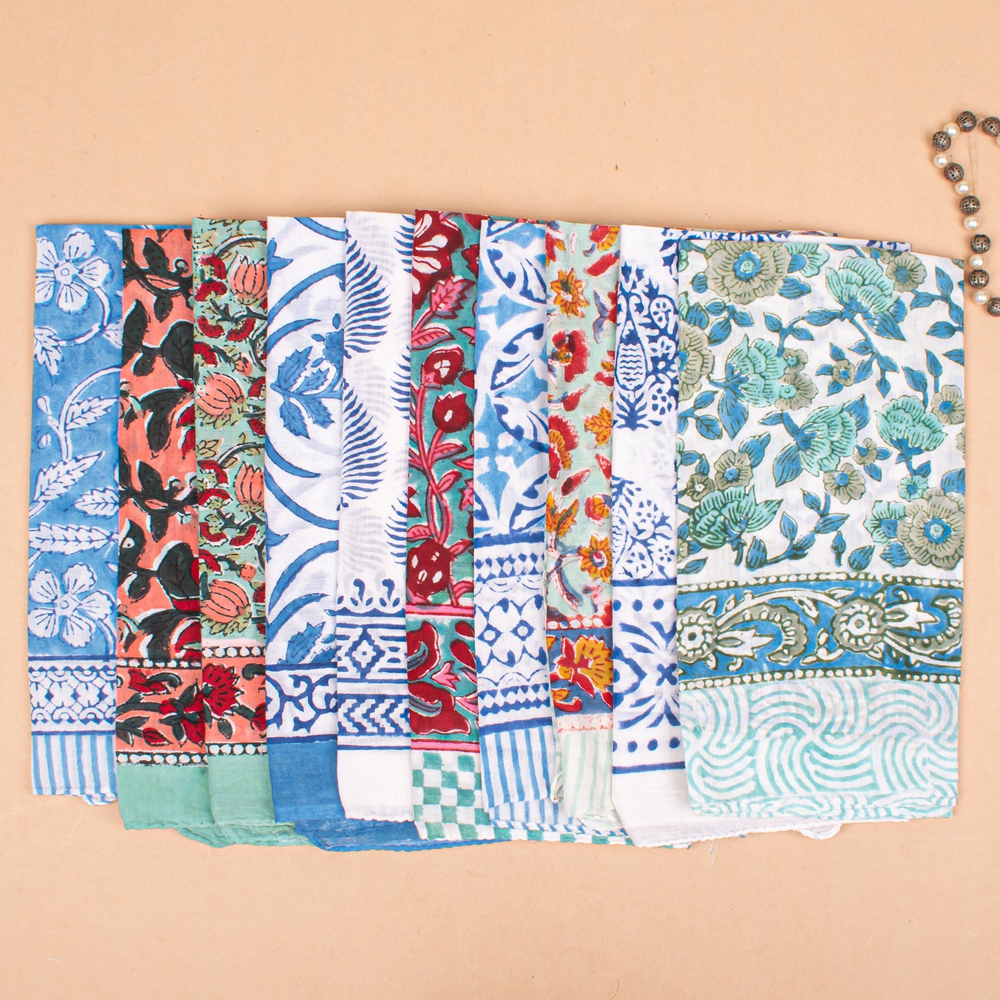 Set of 60 - Lightweight Organic Cotton Bandana, Block Printed Paisley & Floral Scarf, Handmade Hair Or Neck Wrap, Boho Unisex Sustainable Fashion Gift