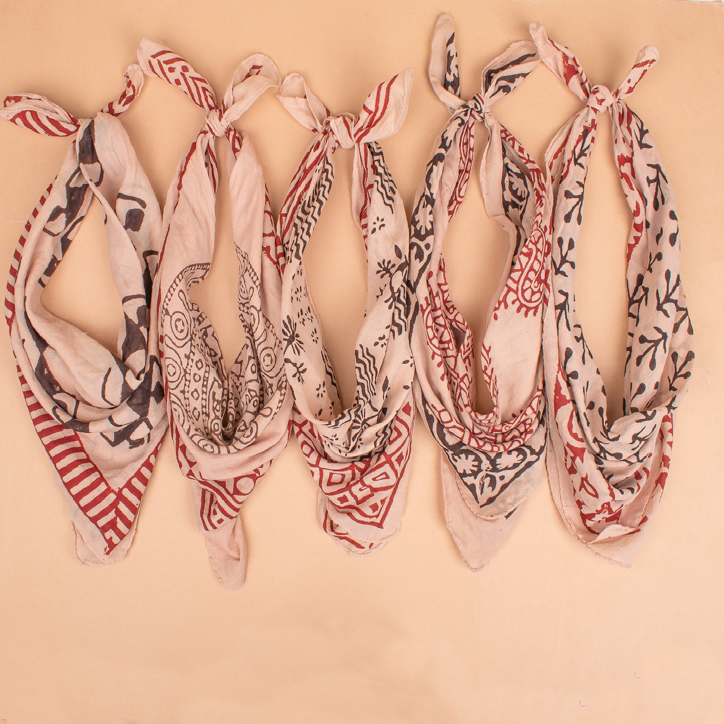 Set of 5 - Cotton Bandana, Hand Block Printed Paisley Scarf, Hair Or Neck Wrap, Boho Sustainable Accessory, Eco-Friendly Fashion Gift