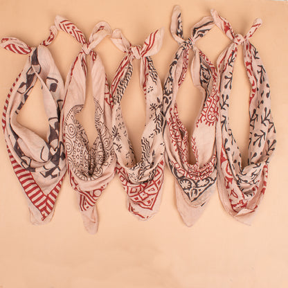 Set of 5 - Cotton Bandana, Hand Block Printed Paisley Scarf, Hair Or Neck Wrap, Boho Sustainable Accessory, Eco-Friendly Fashion Gift