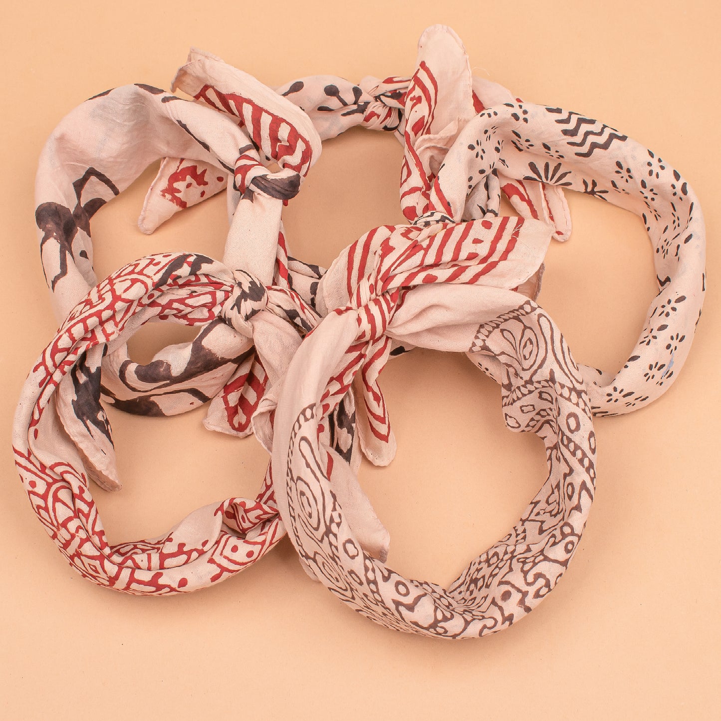 Set of 5 - Cotton Bandana, Hand Block Printed Paisley Scarf, Hair Or Neck Wrap, Boho Sustainable Accessory, Eco-Friendly Fashion Gift