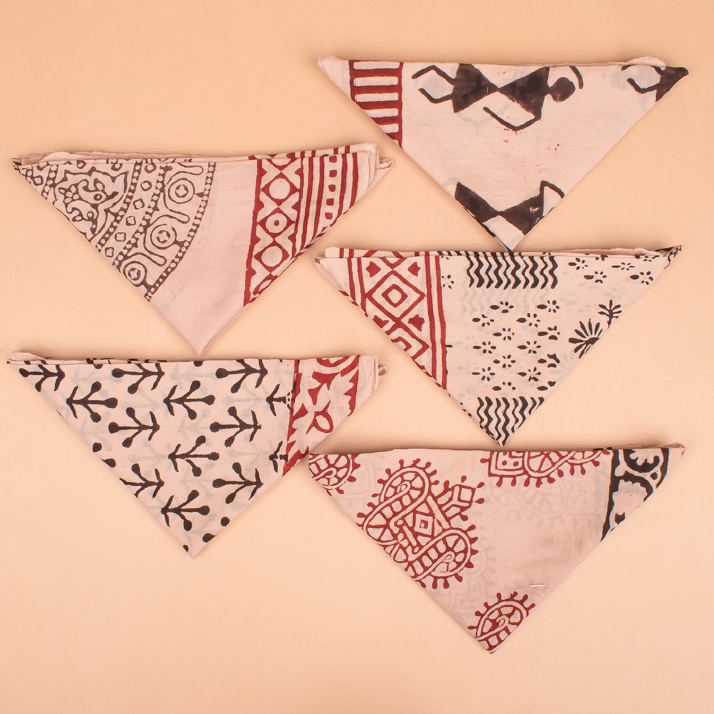 Set of 5 - Cotton Bandana, Hand Block Printed Paisley Scarf, Hair Or Neck Wrap, Boho Sustainable Accessory, Eco-Friendly Fashion Gift