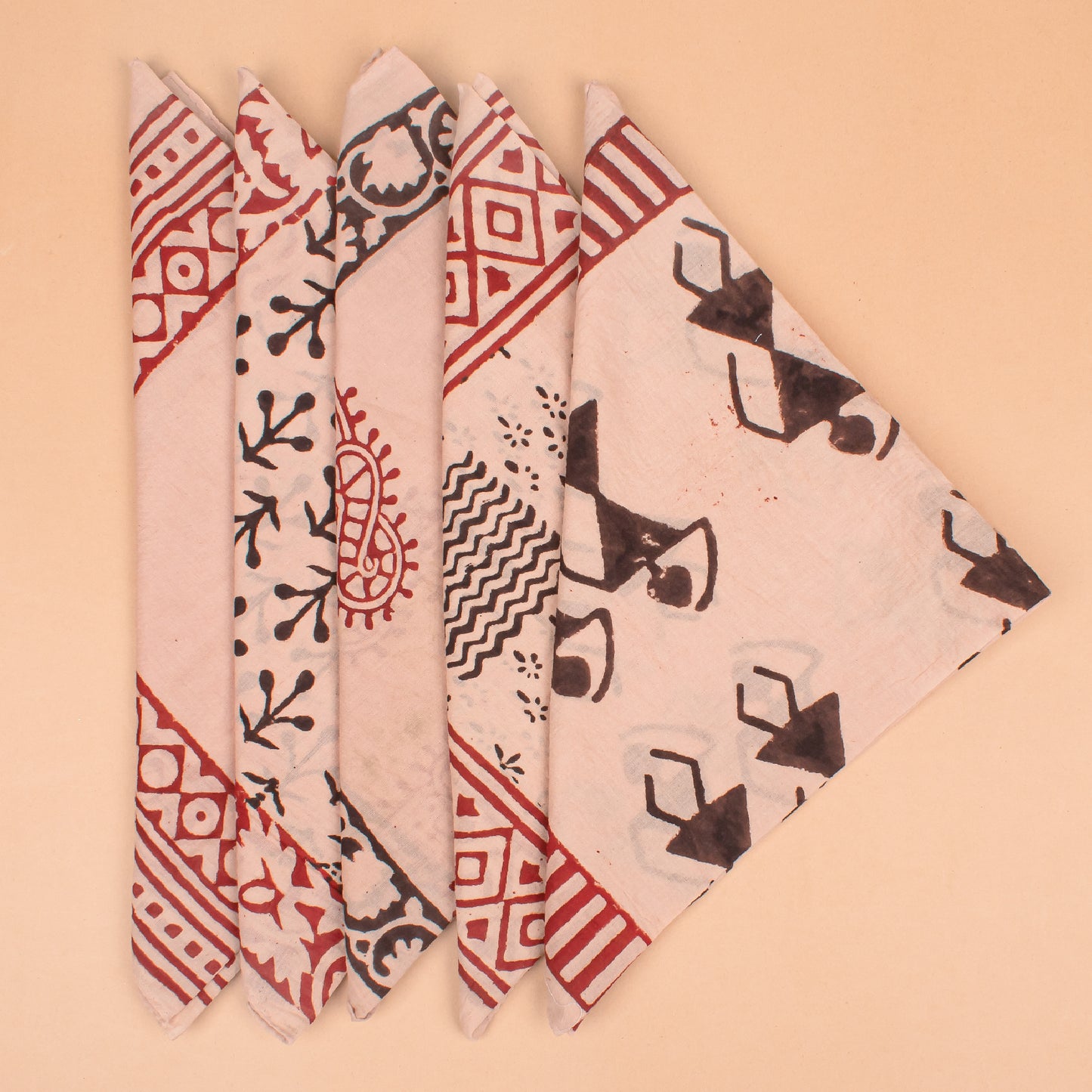 Set of 5 - Cotton Bandana, Hand Block Printed Paisley Scarf, Hair Or Neck Wrap, Boho Sustainable Accessory, Eco-Friendly Fashion Gift