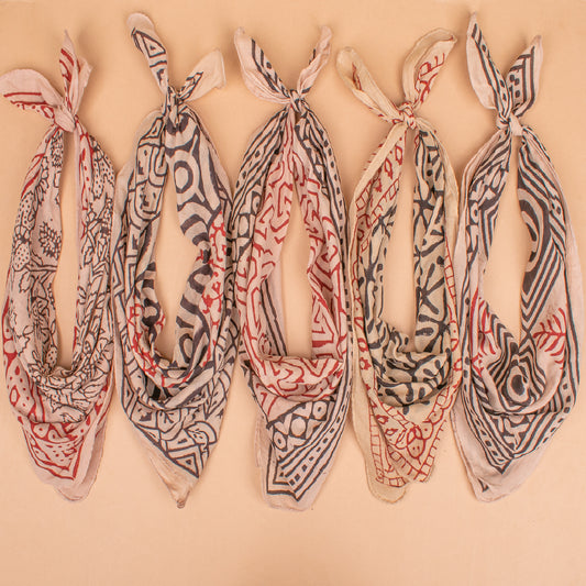Set of 5 - Cotton Boho Bandana, Handmade Lightweight Scarf, Block Printed Paisley Hair Or Neck Wrap, Sustainable Unisex Accessory Fashion Gift