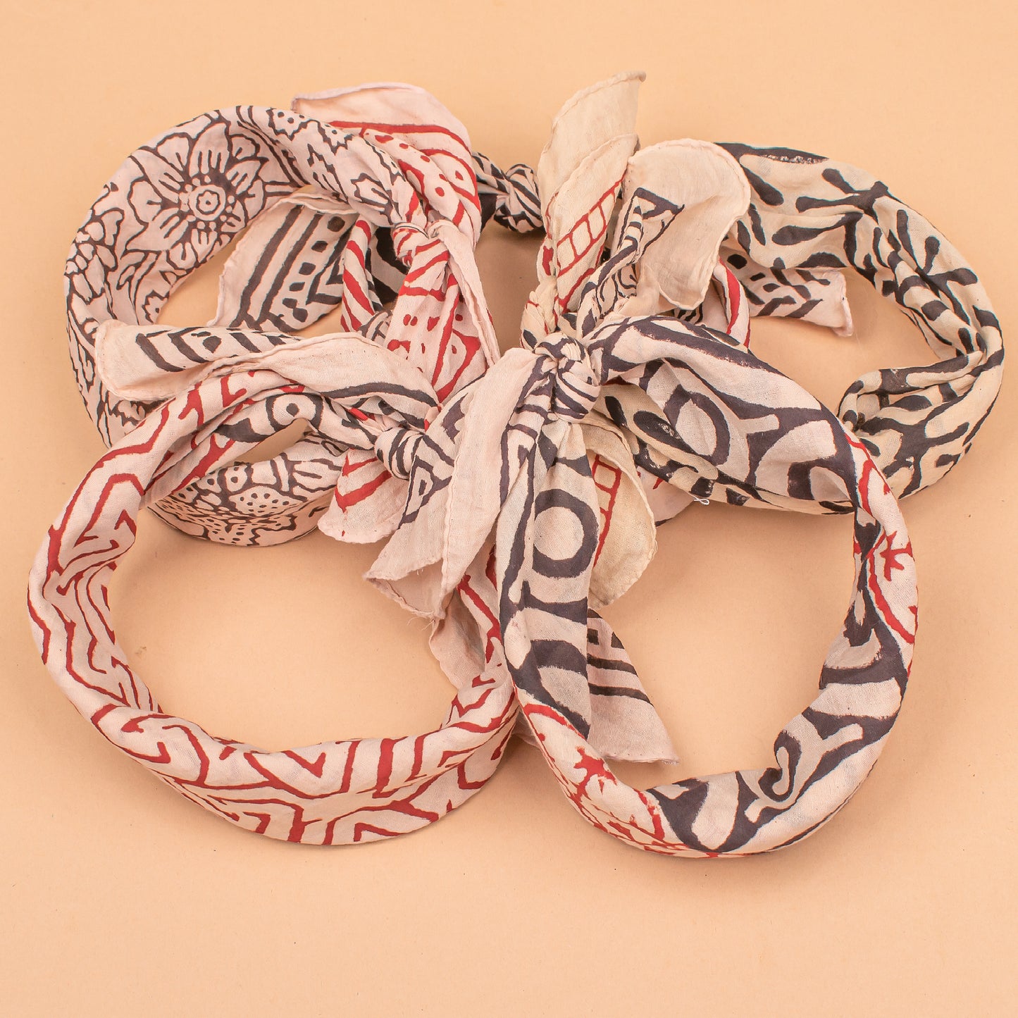Set of 5 - Cotton Boho Bandana, Handmade Lightweight Scarf, Block Printed Paisley Hair Or Neck Wrap, Sustainable Unisex Accessory Fashion Gift