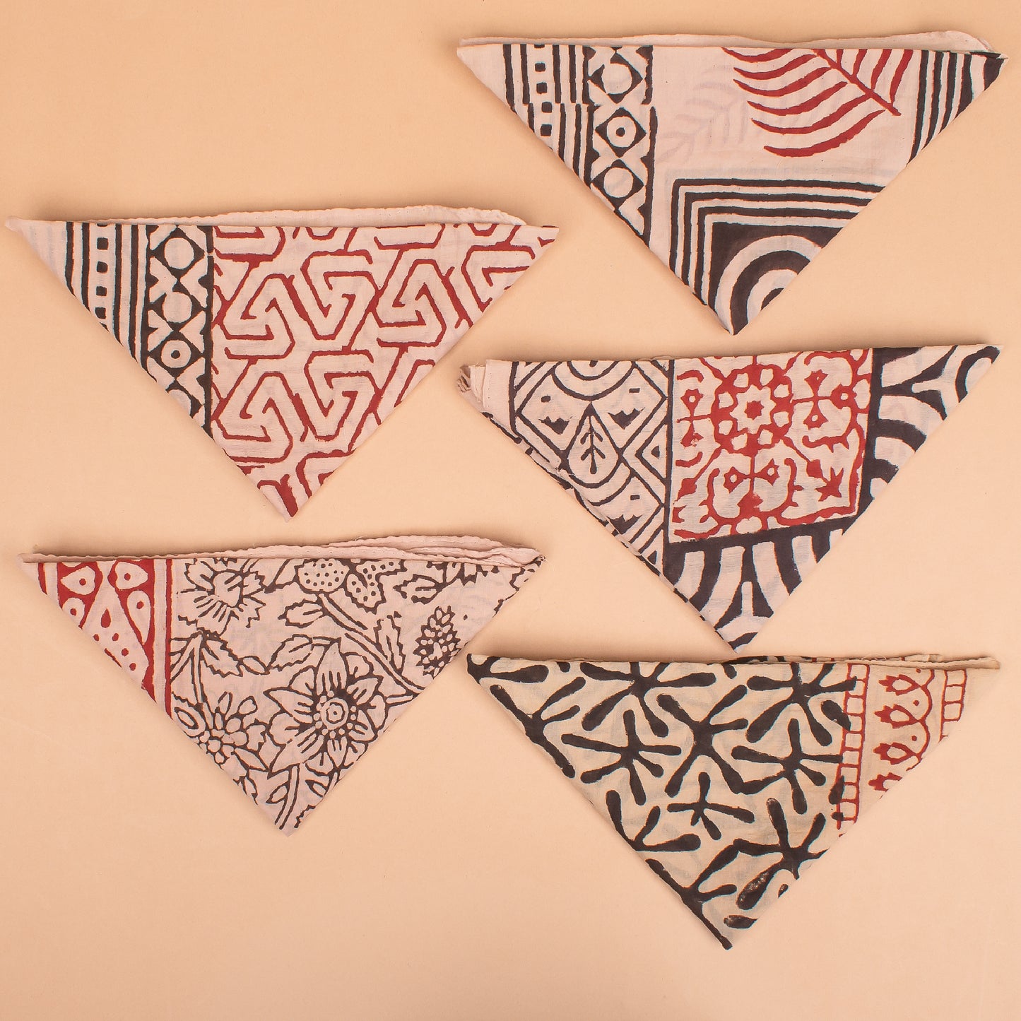 Set of 5 - Cotton Boho Bandana, Handmade Lightweight Scarf, Block Printed Paisley Hair Or Neck Wrap, Sustainable Unisex Accessory Fashion Gift