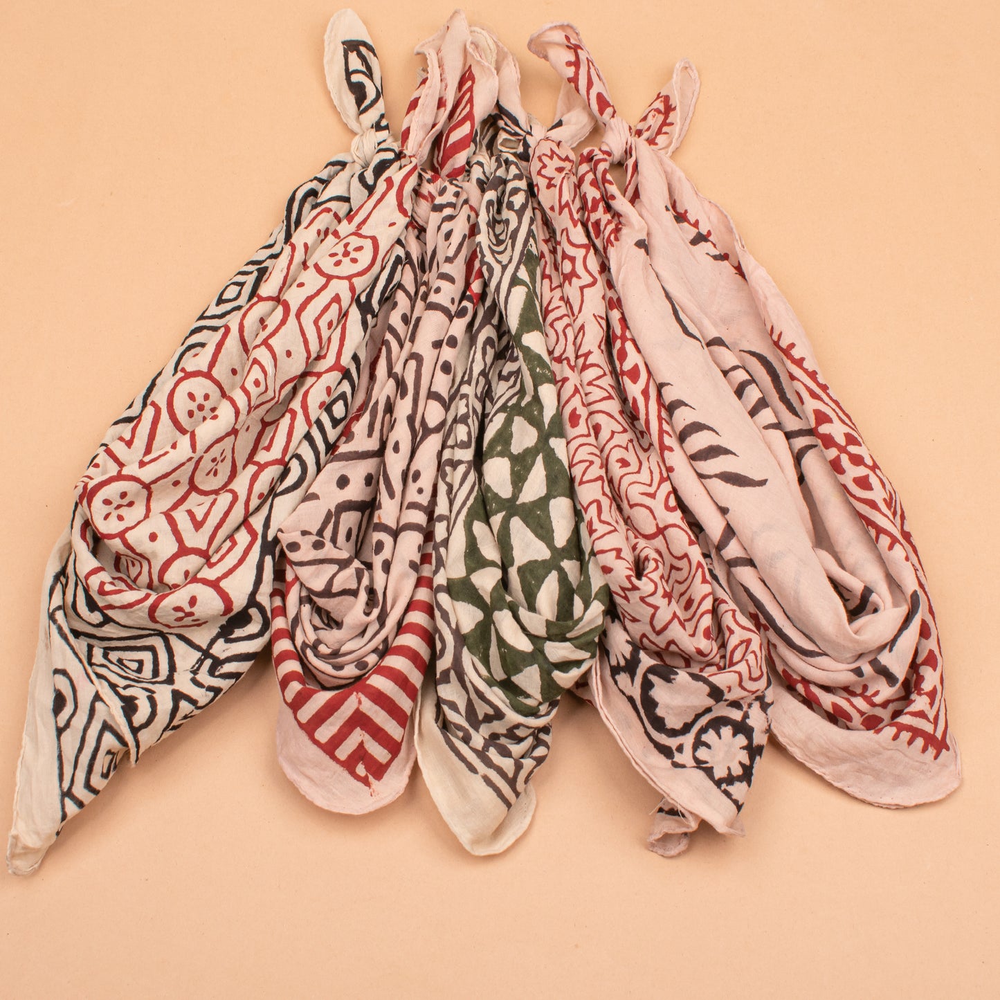 Set of 5 - Organic Boho Block Printed Cotton Bandana, Handmade Lightweight Scarf, Hair, Face Or Neck Wrap, Eco-Friendly Gift Idea For Pets, Bikers & All