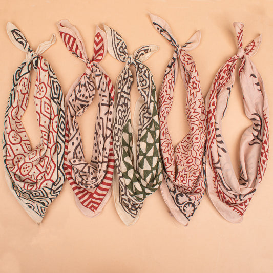 Set of 5 - Organic Boho Block Printed Cotton Bandana, Handmade Lightweight Scarf, Hair, Face Or Neck Wrap, Eco-Friendly Gift Idea For Pets, Bikers & All