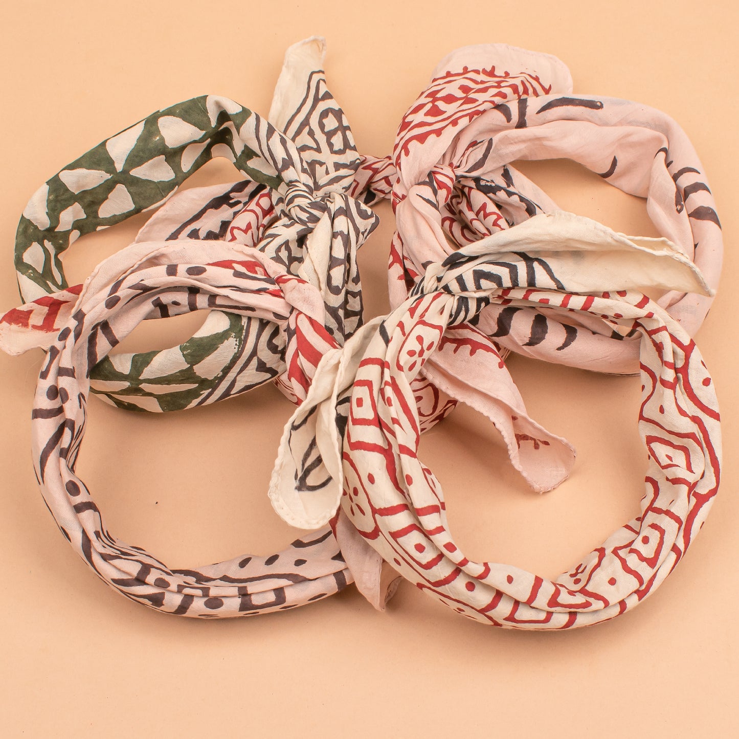 Set of 5 - Organic Boho Block Printed Cotton Bandana, Handmade Lightweight Scarf, Hair, Face Or Neck Wrap, Eco-Friendly Gift Idea For Pets, Bikers & All