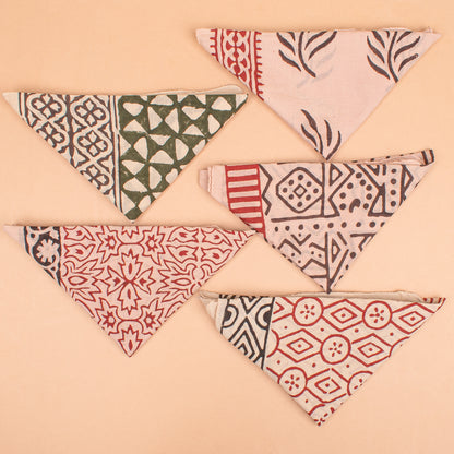 Set of 5 - Organic Boho Block Printed Cotton Bandana, Handmade Lightweight Scarf, Hair, Face Or Neck Wrap, Eco-Friendly Gift Idea For Pets, Bikers & All