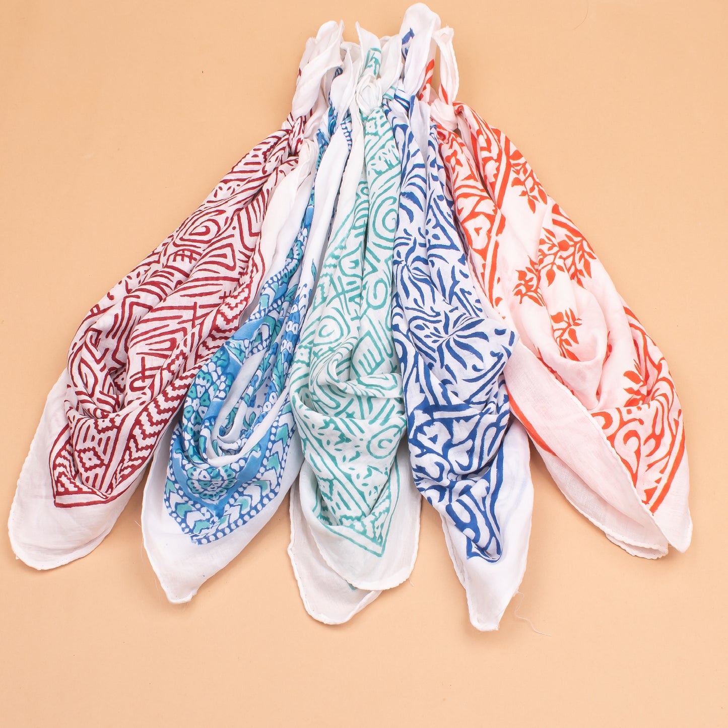 Set of 5 - Organic Block Printed Bandana, Cotton Lightweight Boho Paisley Scarf, Face, Hair Or Neck Wrap, Unisex Sustainable Fashion Accessory
