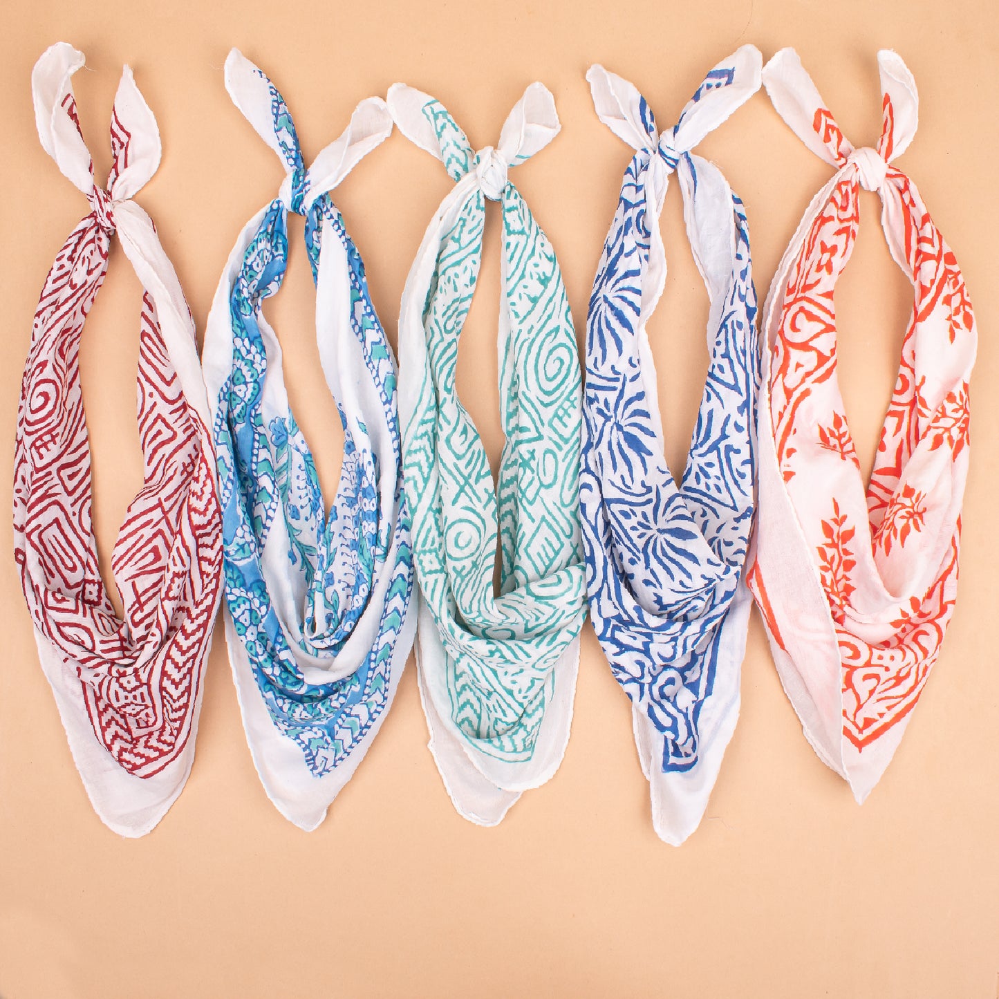 Set of 5 - Organic Block Printed Bandana, Cotton Lightweight Boho Paisley Scarf, Face, Hair Or Neck Wrap, Unisex Sustainable Fashion Accessory