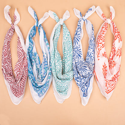 Set of 5 - Organic Block Printed Bandana, Cotton Lightweight Boho Paisley Scarf, Face, Hair Or Neck Wrap, Unisex Sustainable Fashion Accessory