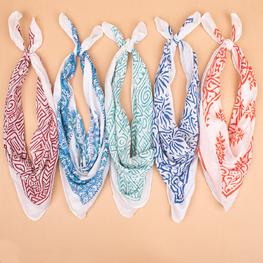 Set of 5 - Organic Block Printed Bandana, Cotton Lightweight Boho Paisley Scarf, Face, Hair Or Neck Wrap, Unisex Sustainable Fashion Accessory