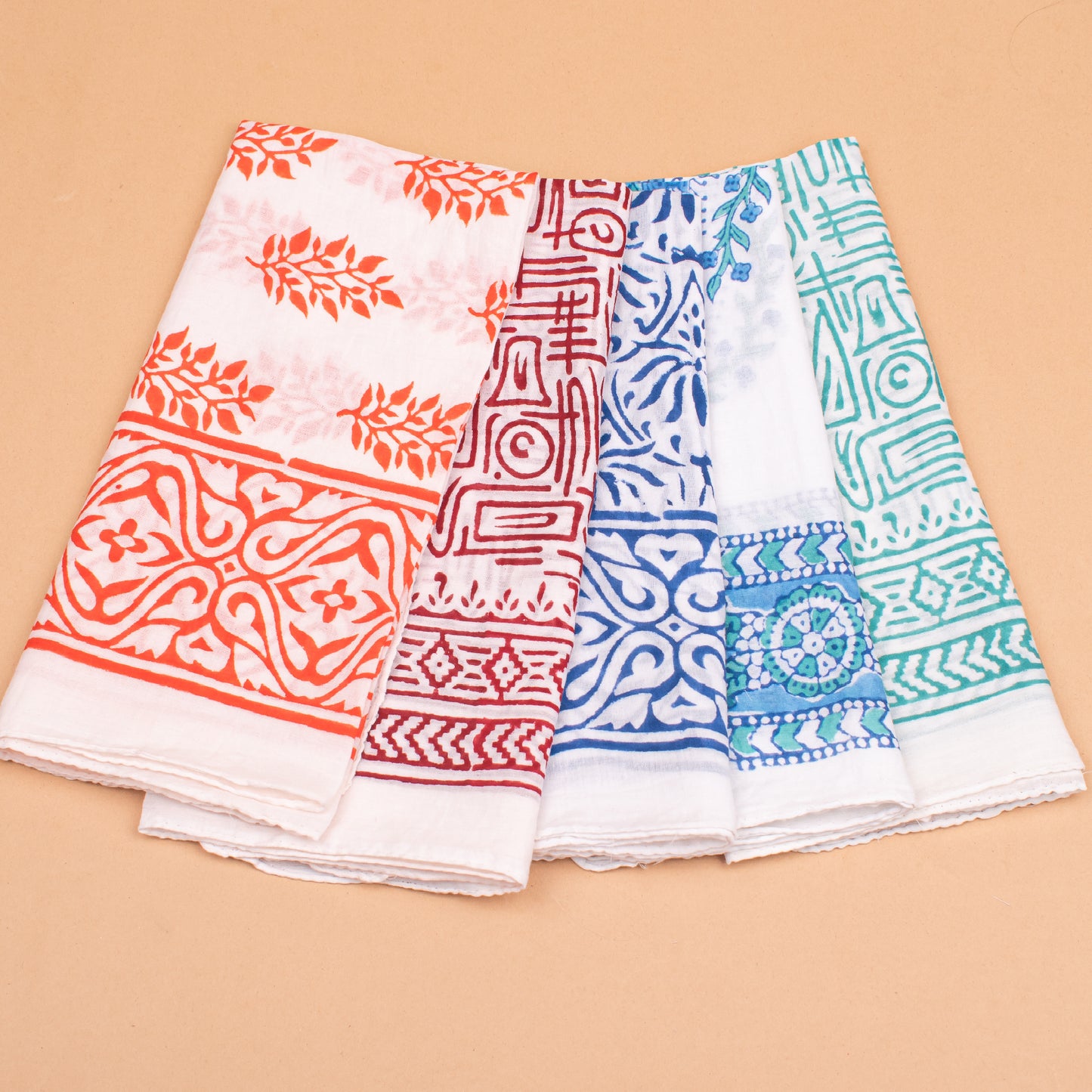 Set of 5 - Organic Block Printed Bandana, Cotton Lightweight Boho Paisley Scarf, Face, Hair Or Neck Wrap, Unisex Sustainable Fashion Accessory