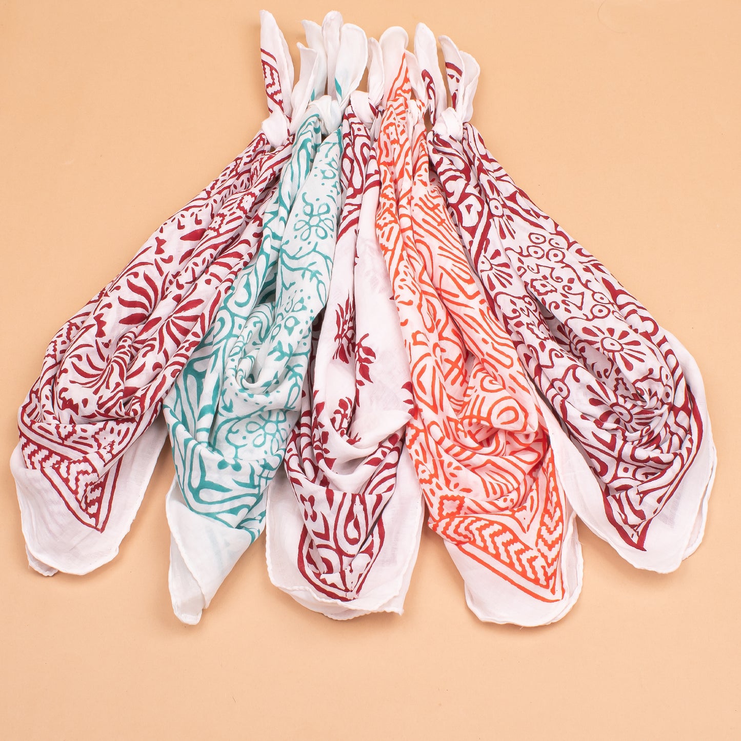 Set of 5 - Block Printed Cotton Bandana, Handmade Organic Cotton Bandana, Unisex Head Wrap, Stylish Neck Scarf, Pet & Biker Bandana, Boho Gift For Men And Women
