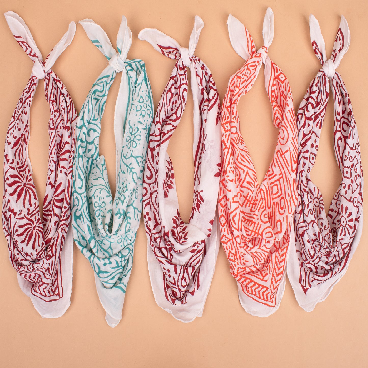 Set of 5 - Block Printed Cotton Bandana, Handmade Organic Cotton Bandana, Unisex Head Wrap, Stylish Neck Scarf, Pet & Biker Bandana, Boho Gift For Men And Women