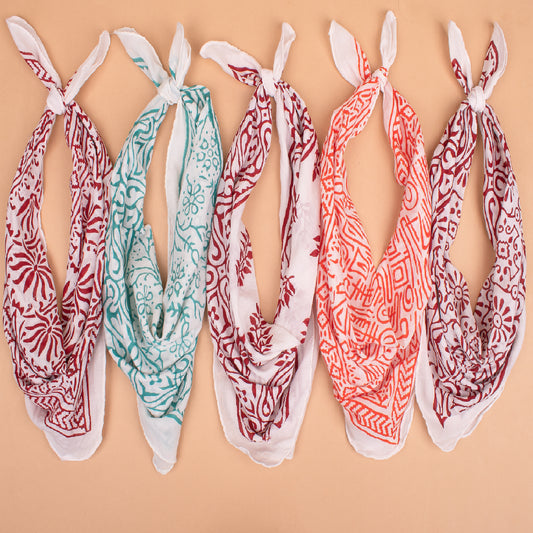Set of 5 - Block Printed Cotton Bandana, Handmade Organic Cotton Bandana, Unisex Head Wrap, Stylish Neck Scarf, Pet & Biker Bandana, Boho Gift For Men And Women