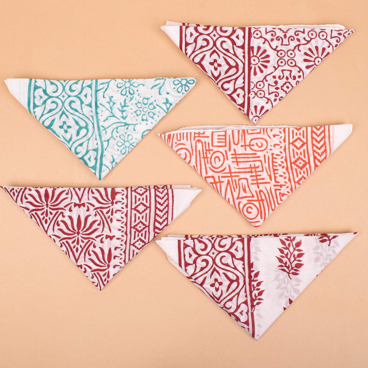 Set of 5 - Block Printed Cotton Bandana, Handmade Organic Cotton Bandana, Unisex Head Wrap, Stylish Neck Scarf, Pet & Biker Bandana, Boho Gift For Men And Women