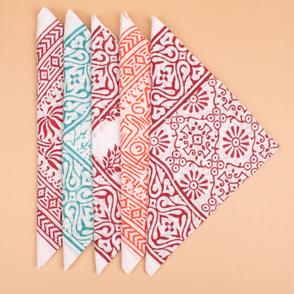 Set of 5 - Block Printed Cotton Bandana, Handmade Organic Cotton Bandana, Unisex Head Wrap, Stylish Neck Scarf, Pet & Biker Bandana, Boho Gift For Men And Women