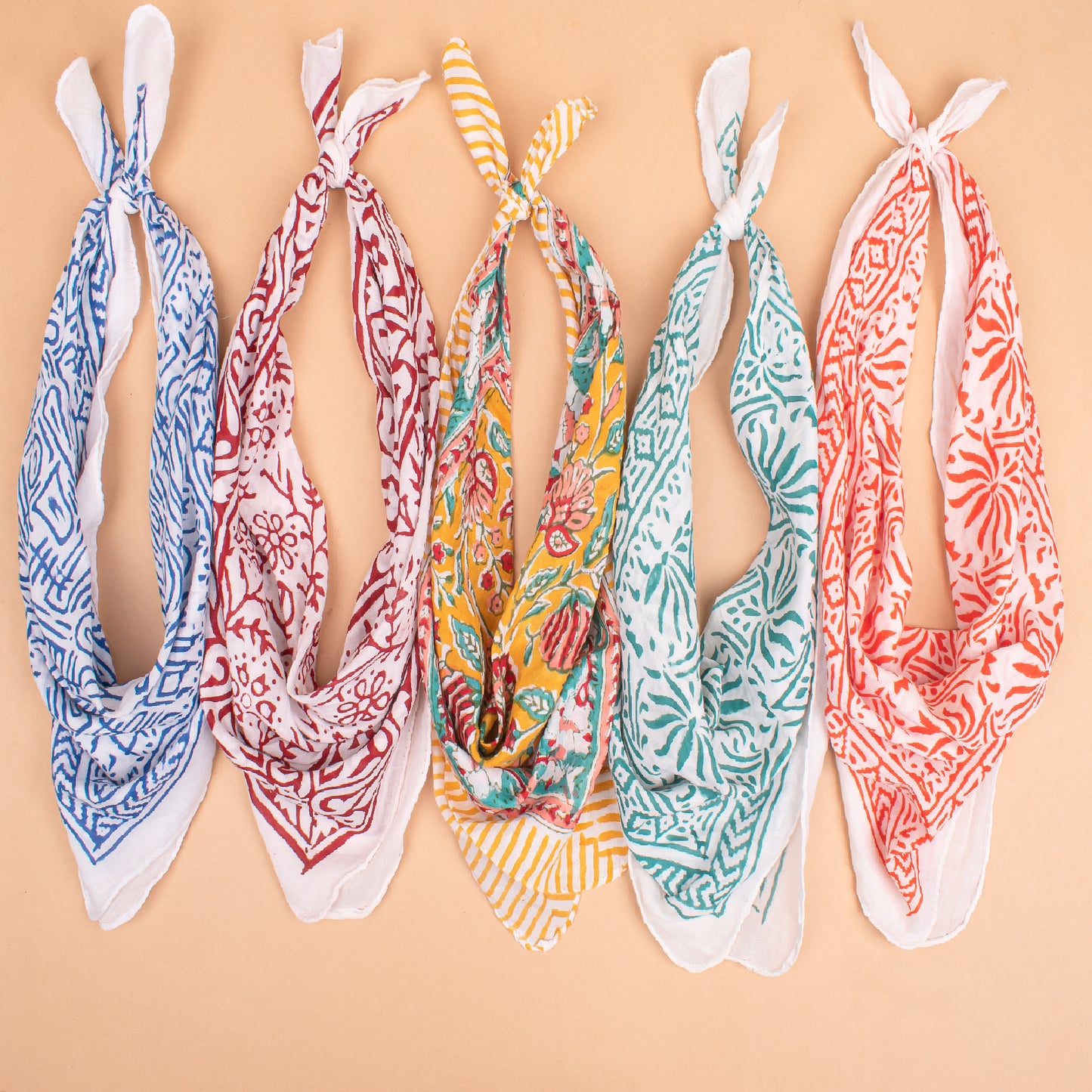 Set of 5 - Handmade Cotton Bandana, Soft Organic Block Print Bandana, Unisex Headband & Neck Wrap, Eco-Friendly Pet Bandana, Biker Travel Bandana, Boho Gift