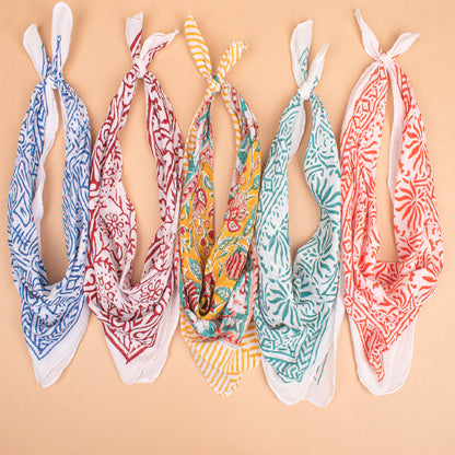 Set of 5 - Handmade Cotton Bandana, Soft Organic Block Print Bandana, Unisex Headband & Neck Wrap, Eco-Friendly Pet Bandana, Biker Travel Bandana, Boho Gift