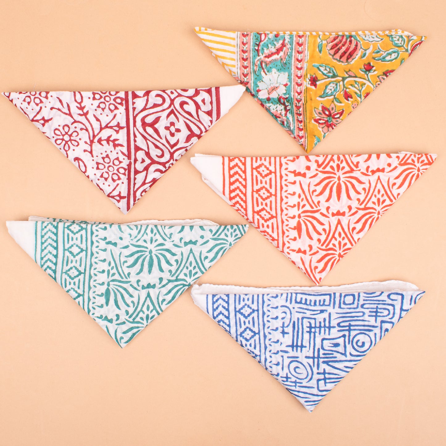 Set of 5 - Handmade Cotton Bandana, Soft Organic Block Print Bandana, Unisex Headband & Neck Wrap, Eco-Friendly Pet Bandana, Biker Travel Bandana, Boho Gift