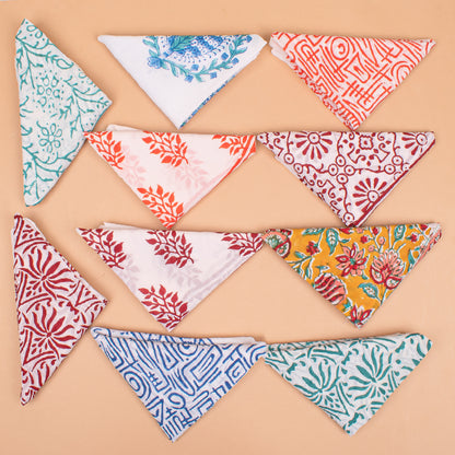 Set of 10 - Travel-Friendly Cotton Bandana Gift, Handmade Organic Scarf, Eco-Friendly Biker Wrap, Stylish Block Print Neck Accessory, Pet Cotton Square, Unisex Fashion Head Wrap