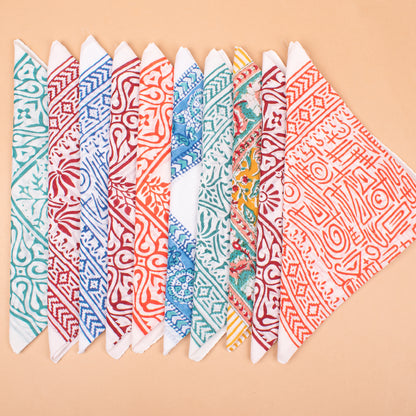 Set of 10 - Travel-Friendly Cotton Bandana Gift, Handmade Organic Scarf, Eco-Friendly Biker Wrap, Stylish Block Print Neck Accessory, Pet Cotton Square, Unisex Fashion Head Wrap