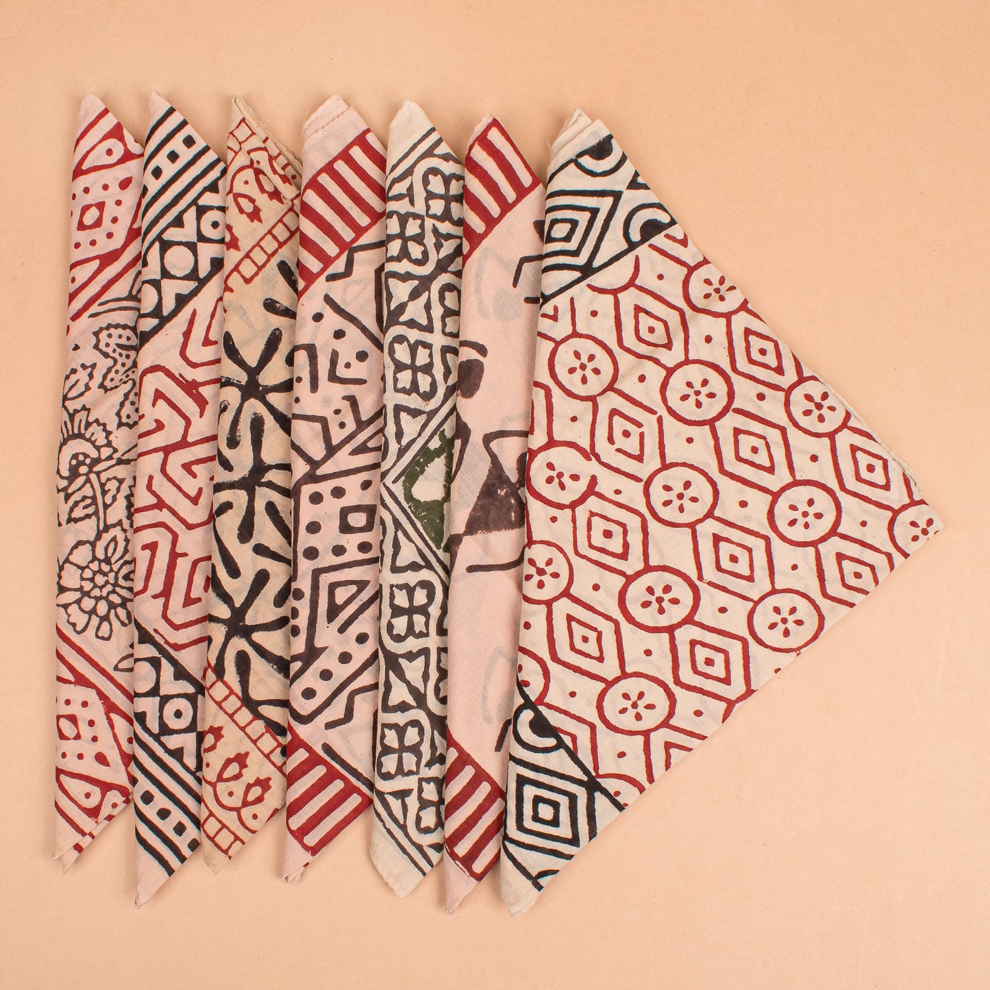 Set of 7 - Handmade Block Print Cotton Scarf, Stylish Organic Head Wrap, Boho Fashion Bandana Gift, Eco-Friendly Pet Dog Wrap, Biker Cotton Square Accessory, Unisex Scarf