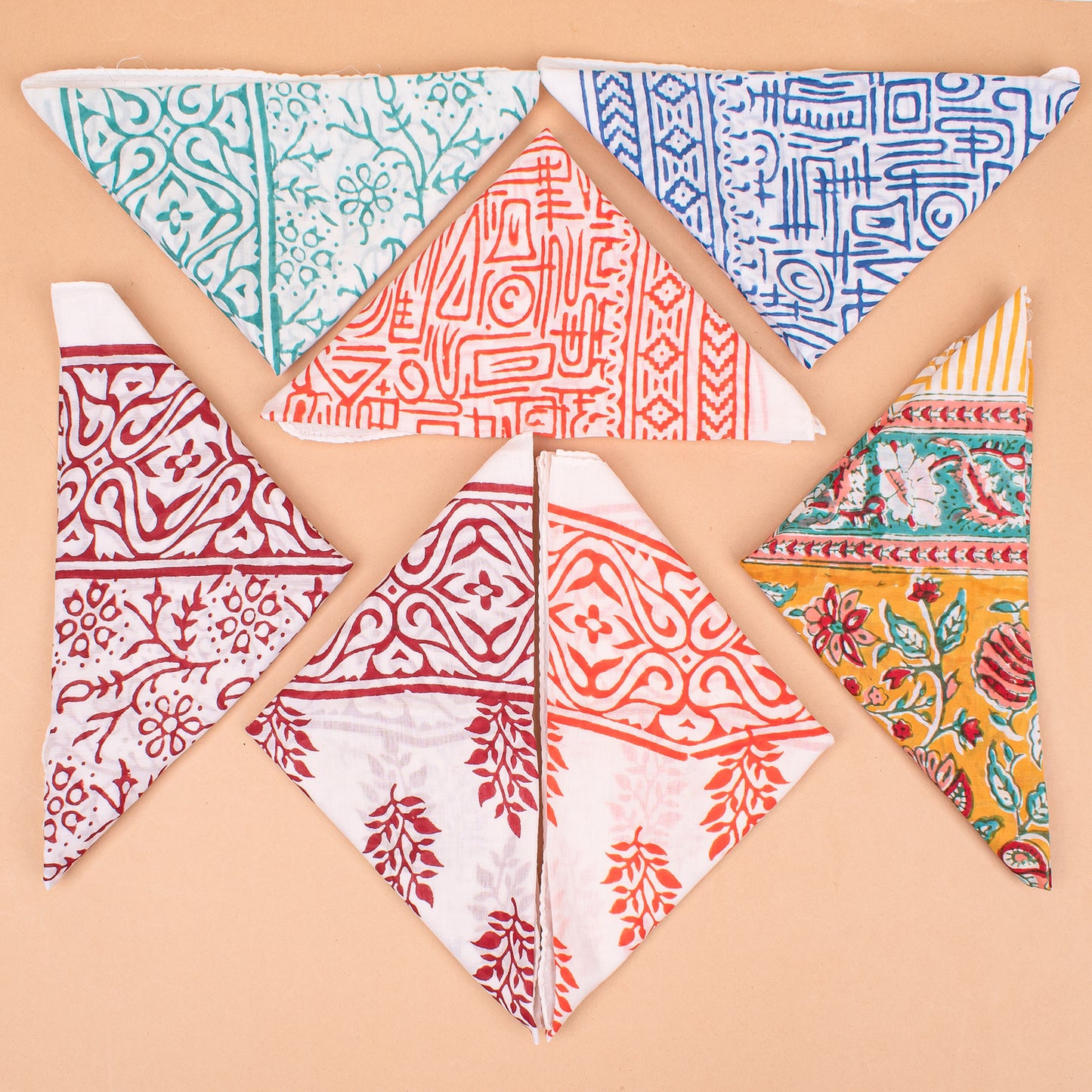Set of 7 - Handmade Block Printed Cotton Bandana, Eco-Friendly Head Wrap For Bikers, Stylish Unisex Square Scarf, Boho Pet Dog Wrap, Organic Cotton Neck Accessory