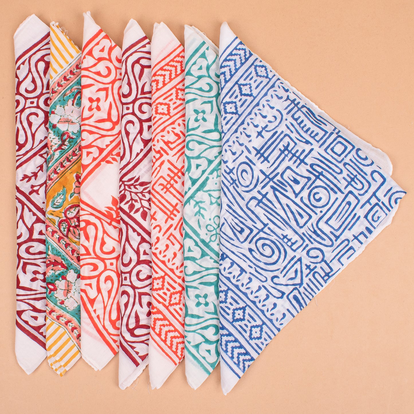 Set of 7 - Handmade Block Printed Cotton Bandana, Eco-Friendly Head Wrap For Bikers, Stylish Unisex Square Scarf, Boho Pet Dog Wrap, Organic Cotton Neck Accessory