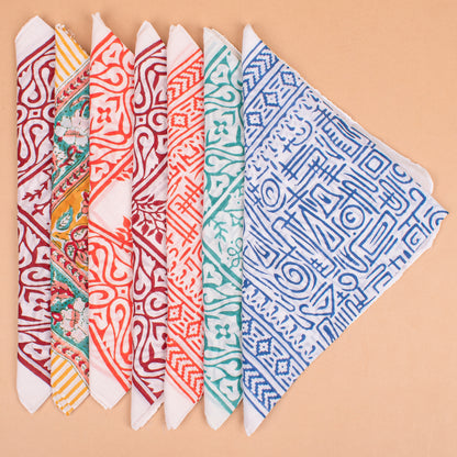 Set of 7 - Handmade Block Printed Cotton Bandana, Eco-Friendly Head Wrap For Bikers, Stylish Unisex Square Scarf, Boho Pet Dog Wrap, Organic Cotton Neck Accessory