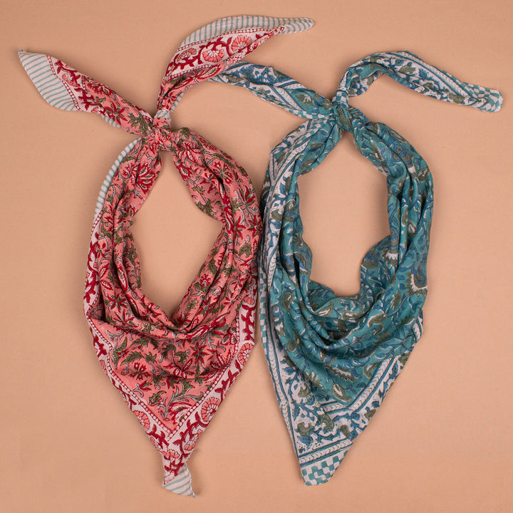 Set of 2 – Cotton Bandanas 100x100 cm | Large Boho Printed Head Scarf &amp; Hair Wrap
