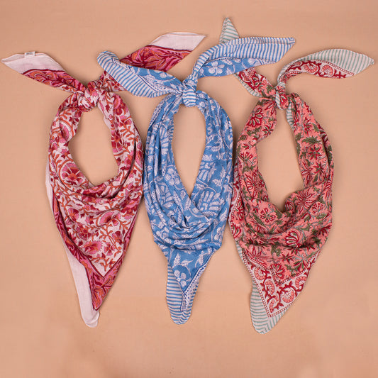 Bohemian Cotton Bandana 40x40 – Large Head Scarf & Beach Wrap - Set of 3