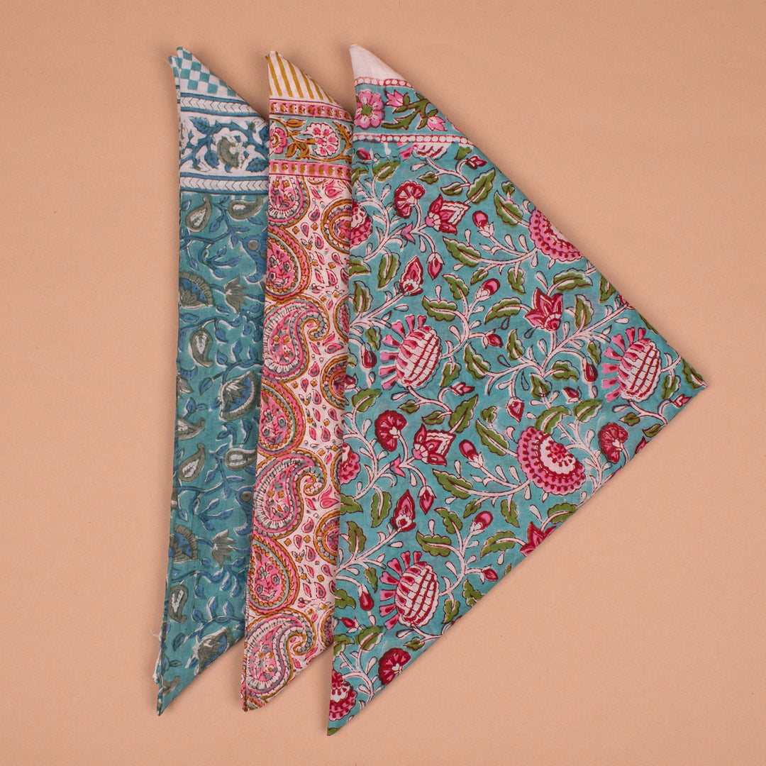 Set of 3 – Hand Block Cotton Bandanas 40x40 | Large Boho Everyday Head Scarf