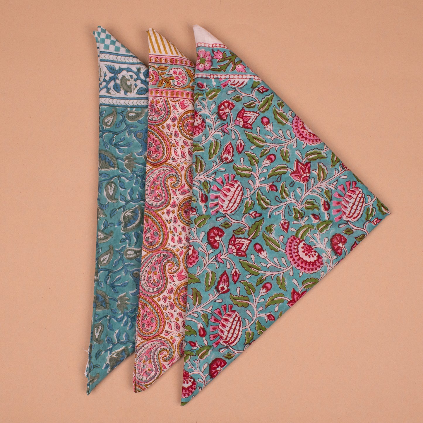 Extra Large Bandana Scarf – 40x40 Cotton Block Print Wrap - Set of 3