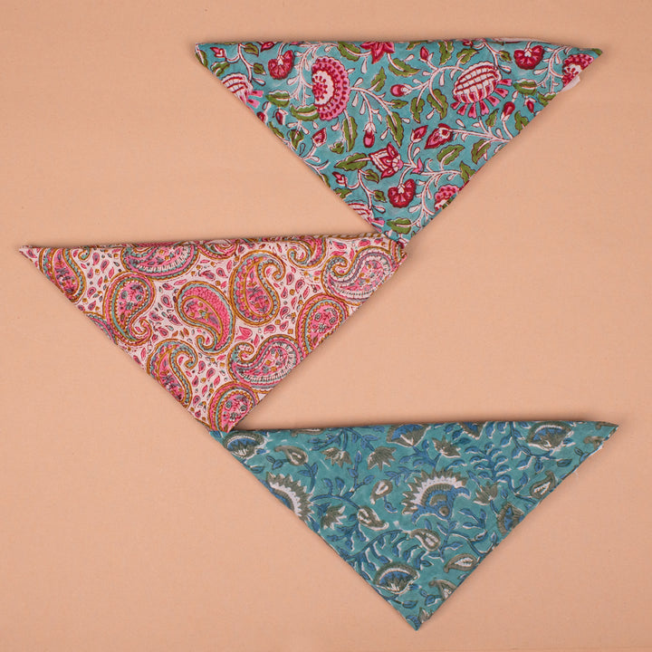 Set of 3 – Hand Block Cotton Bandanas 40x40 | Large Boho Everyday Head Scarf
