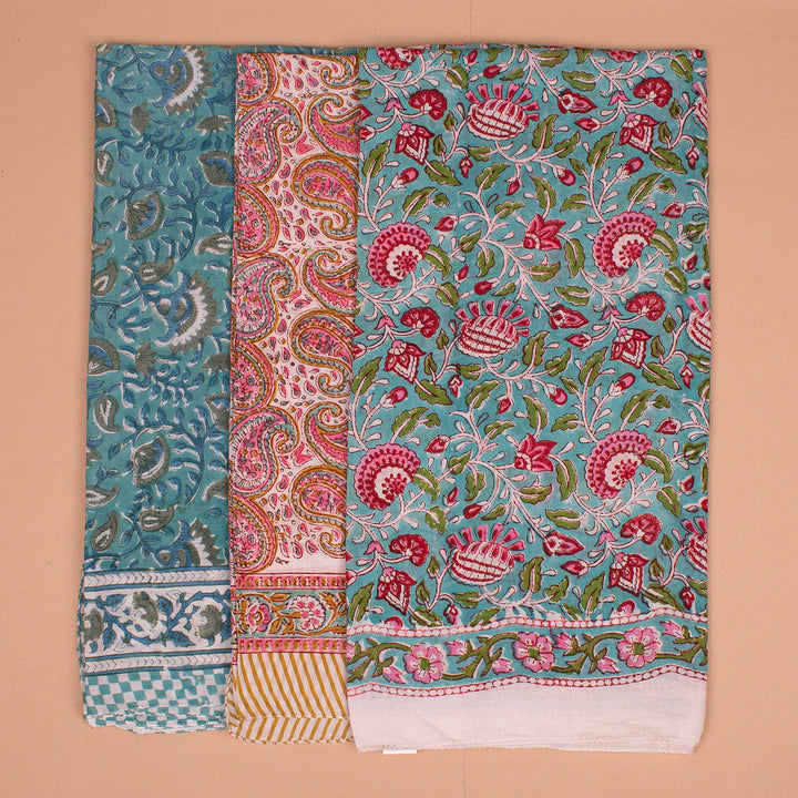 Set of 3 – Hand Block Cotton Bandanas 40x40 | Large Boho Everyday Head Scarf