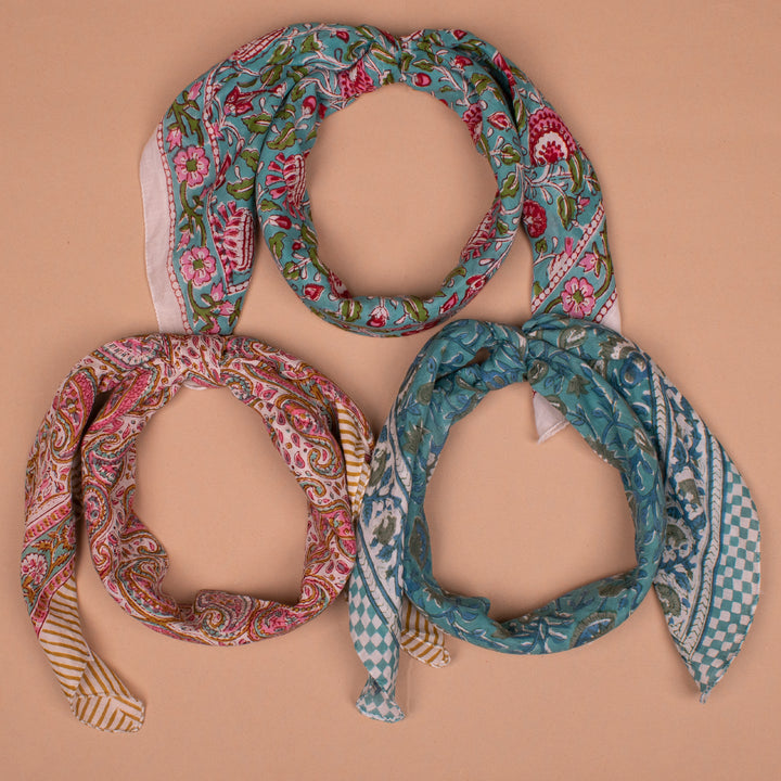 Set of 3 – Hand Block Cotton Bandanas 40x40 | Large Boho Everyday Head Scarf
