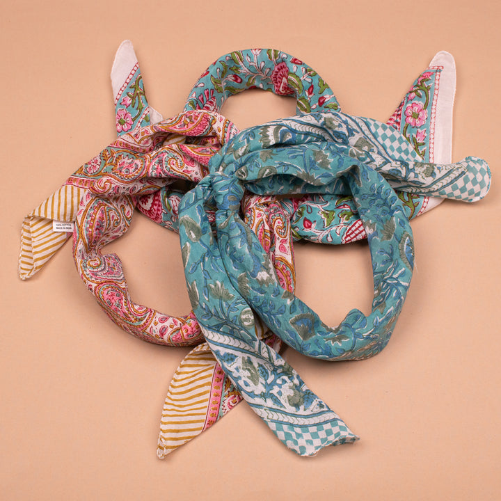 Set of 3 – Hand Block Cotton Bandanas 40x40 | Large Boho Everyday Head Scarf