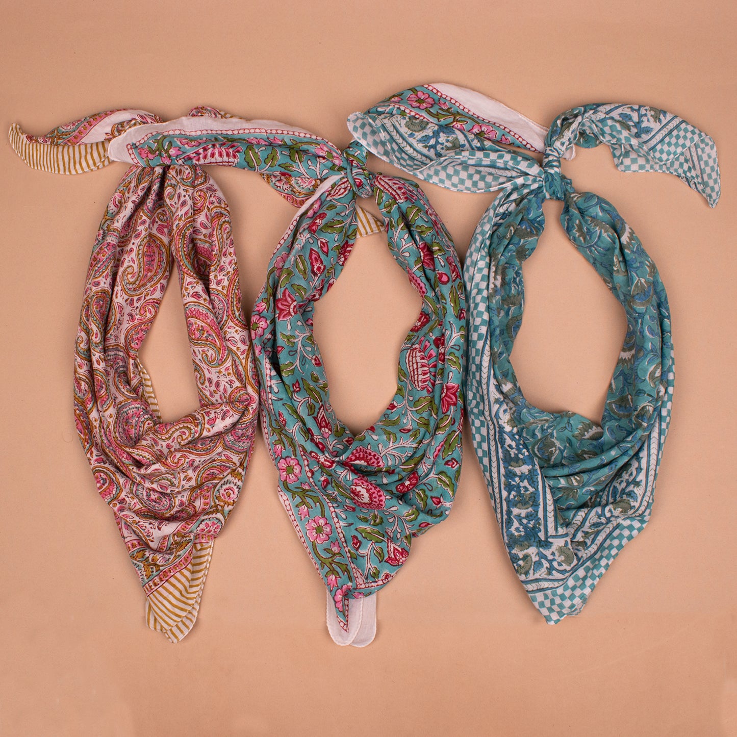 Extra Large Bandana Scarf – 40x40 Cotton Block Print Wrap - Set of 3
