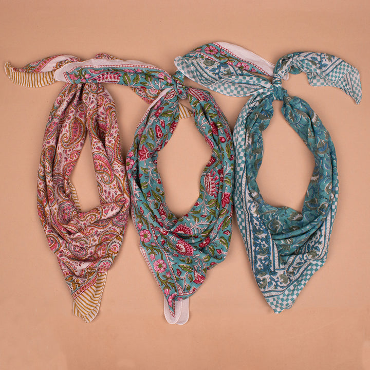 Set of 3 – Hand Block Cotton Bandanas 40x40 | Large Boho Everyday Head Scarf