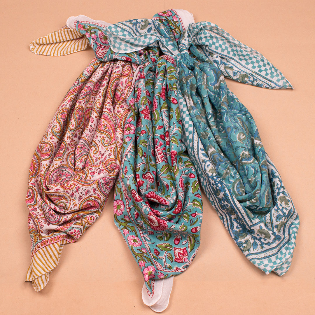 Set of 3 – Hand Block Cotton Bandanas 40x40 | Large Boho Everyday Head Scarf