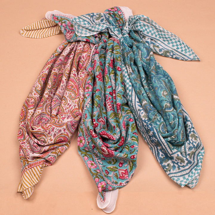 Set of 3 – Hand Block Cotton Bandanas 40x40 | Large Boho Everyday Head Scarf