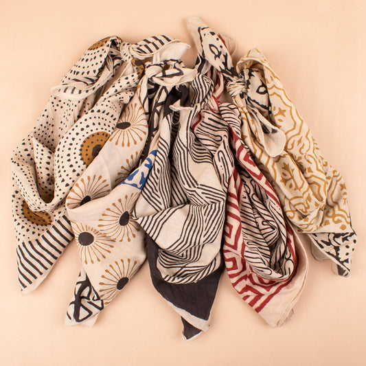 Set of 5 - Reusable Fabric Face Cover, Stylish Unisex Gift, Soft Cotton Bandana Scarf, Vintage Summer Style Accessory, Handprinted Cotton Bandana