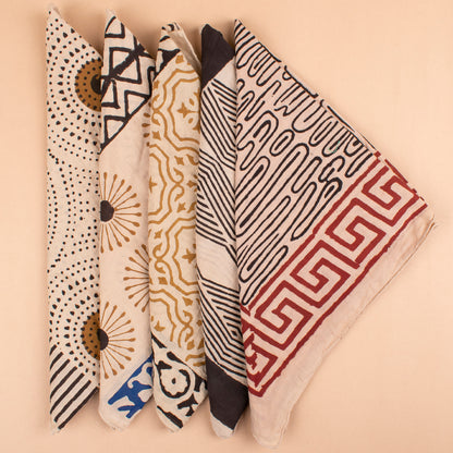 Set of 5 - Reusable Fabric Face Cover, Stylish Unisex Gift, Soft Cotton Bandana Scarf, Vintage Summer Style Accessory, Handprinted Cotton Bandana