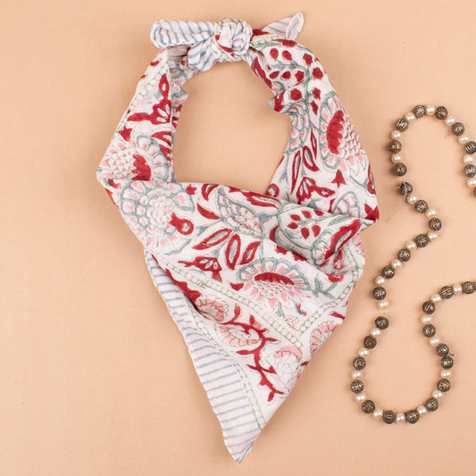 Floral Block Print Cotton Bandana, Handmade Neck Tie, Unisex Eco Scarf, Lightweight Bohemian Gift Wrap, Sustainable Neck Scarf Gift